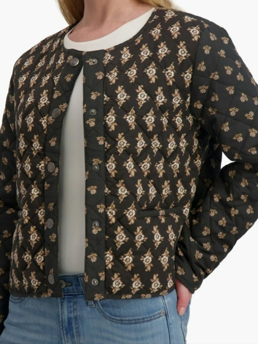 Coastal Prep Classic Boho Lucky Brand Olive Green Quilted Block Print Jacket (L)